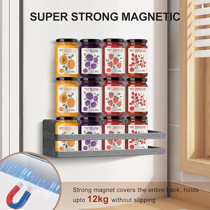 Uten Magnetic Spice Rack for Refrigerator 2 Pack, Strong Fridge Organizer | Heavy duty Metal, Capacity of up to 23lbs, For Kitchen, Washing Machine, 16"*4.5" and 12"*4", black textured