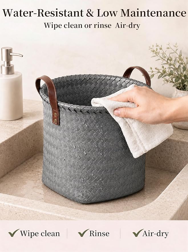 Hand Woven Baskets for Storage, 4Pcs Water-Resistant Wicker Baskets, Grey Wicker Storage Baskets for Shelves, Large Basket with Handle for Organizing, Closet, Laundry, Blanket - Round