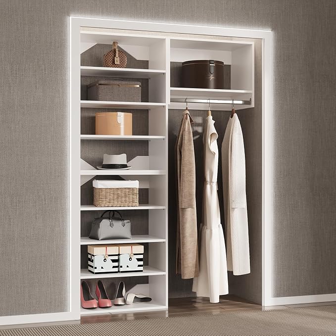 Modular Closet System, 61" Wide Closet Organizer System with Towers and Hanging, Wood Closet Tower Storage for Walk In Closets, Wall Mounted Wardrobe Organizer Kit System, Bedroom, White