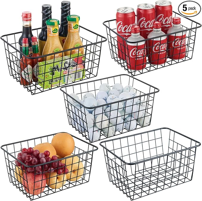 JUNCHU CHERRY Wire Kitchen Storage Basket 5 Packs,Perfect Pantry Organization Accessories Basket,Laundry,Countertop Organization,Suitable for Kitchen,Bathroom,Bedroom,Tabletop,Stackable,Black