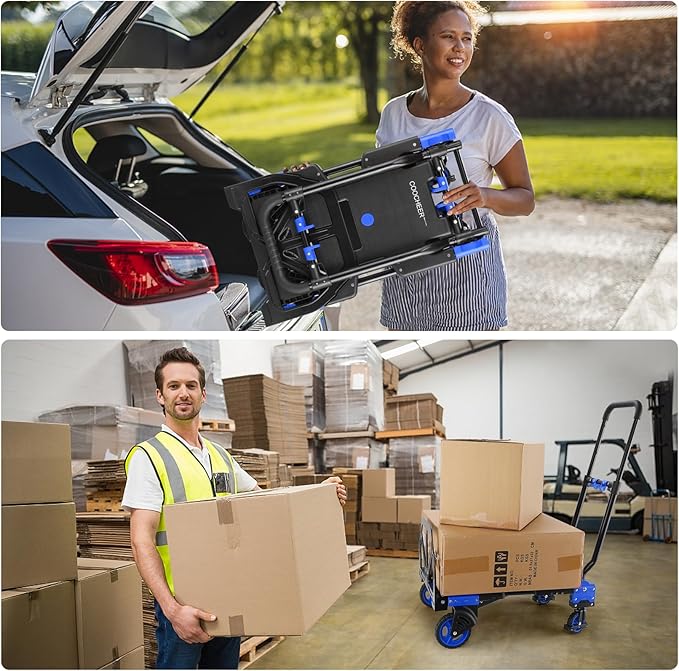 2-in-1Hand Truck Dolly Foldable with Folding Basket, 330LB Folding Hand Truck Heavy Duty Carrying, Combination of 4 Wheels and 2 Wheels Convertible Dolly Cart with Retractable Handle Dolly for Moving