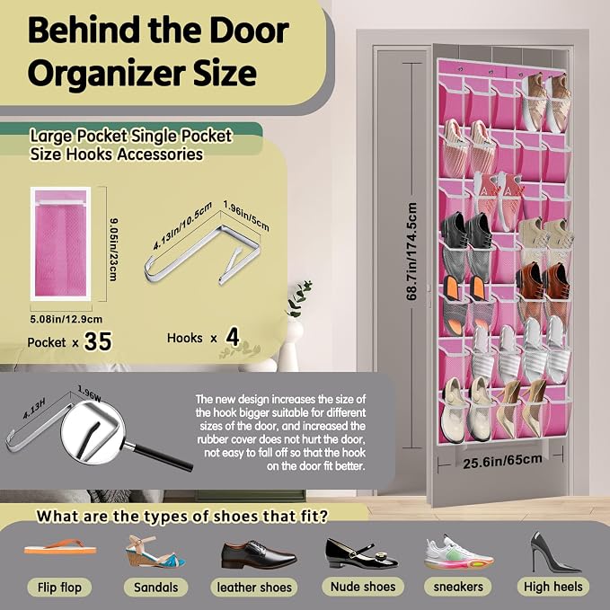 PAULONE 35 Pocket Over the Door Shoe Organizer,Reusable Breathable Large Mesh Bag Men's & Women's Sneaker Organizer,Shoe Organizer for Kids,Hanging Shoe Storage Hanging Bag (Pink)