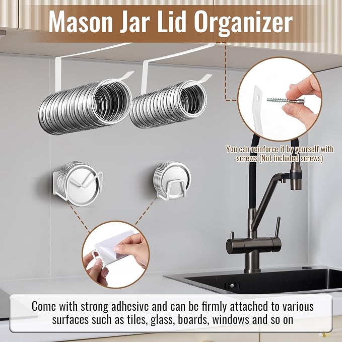 Dreyoo 4 Pcs Mason Jar Lid Organizer, Canning Jar Lids & Rings Holder | Holds Up to 38 Lids and 34 Rings, Come With Adhesive-Backed,Easy to Slide-On Cabinet, Stainless Steel and Iron (White)
