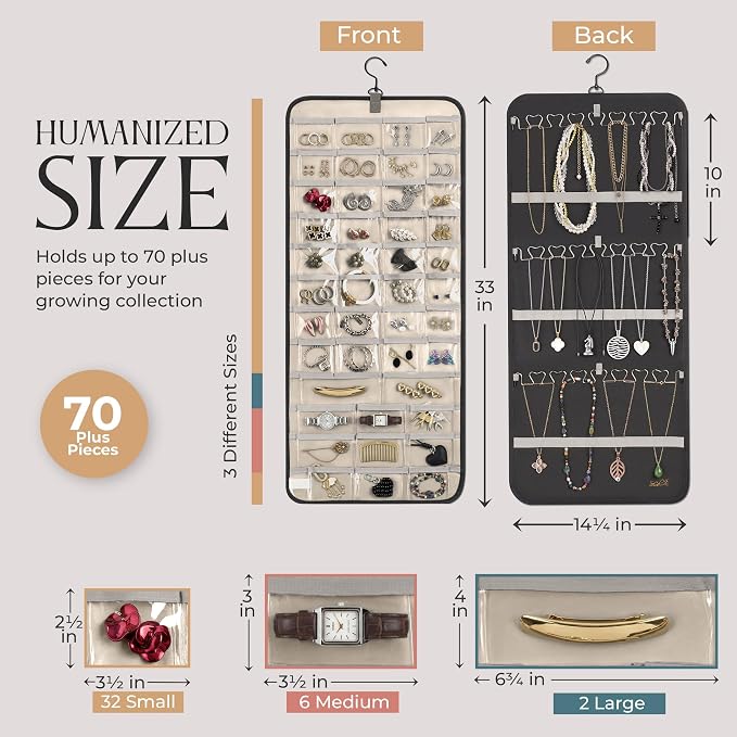 Hanging Jewelry Organizer Storage with Hanger Metal Hooks Double-Sided Jewelry Holder- Wall Mount Holder for Earrings, Necklaces, Rings on Closet, Wall, Door, 1 piece, Large, Charcoal Black