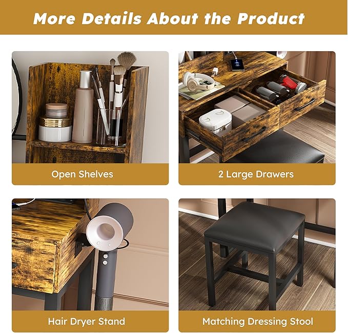 Small Makeup Vanity Desk with Large Mirror and Lights, Vanity Table with 2 Storage Drawer & Open Shelves, 3 Lighting Colors,LED Mirror Adjustable Brightness Brown Makeup Vanity