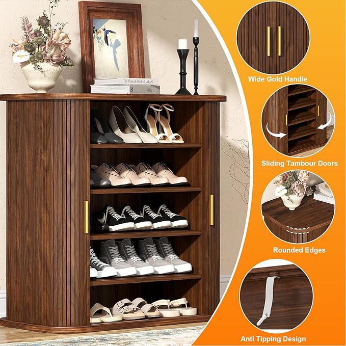 UNIQUITE Shoe Storage Cabinet with Sliding Doors, 5-Tier Wood Shoe Cabinet for Entryway, Adjustable Shelves Freestanding Shoe Organizer with Gold Handle for Hallway, Living Room, Walnut