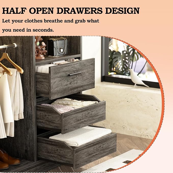 Besiost 36 Inches Modular Closet Drawers System, 3FT Wood Closet Organiser with Closed & Half-Open Drawers, Walk-in Freestanding Wardrobe Storage Cabinet with 6 Shelves, Oak (36" L x 15" W x 80" H)