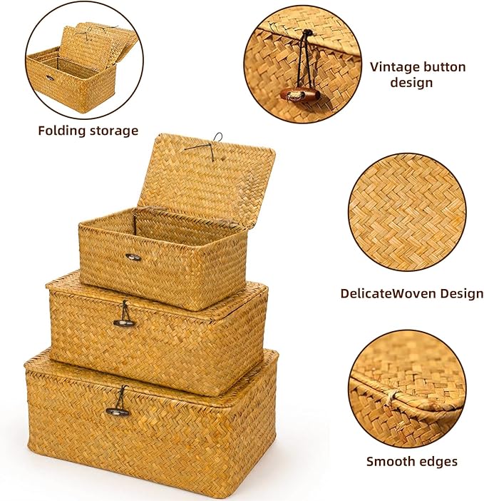 Yesland Small Shelf Baskets with Lid Set of 3, Compact Handwoven Seagrass Storage Bins Rectangular Wicker Basket for Shelf Organizer, Closet, Desktop