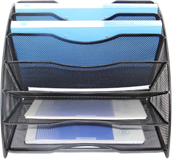 EasyPAG Desk File Organizer, 6-Section Vertical File Folder Holder Stand, Fan-Shaped Metal Rack File Sorter for Office Classroom Desktop Organization, Black