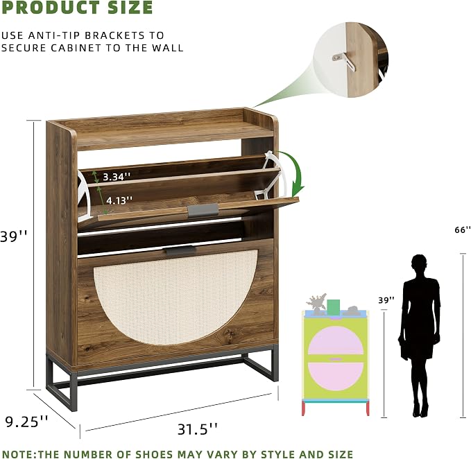 Flip Drawer Shoe Cabinet, Slim Narrow Entryway Storage Furniture with Hidden Flip-Open Organizer, Engineered Wood & Veneer Construction, Hallway Living Room Foyer, 2 Drawer, Oak