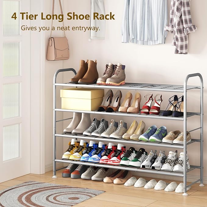 LINZINAR 4 Tier Long Shoe Rack for Closet Metal Shoe Organizer for Entryway | Spacious design stores 25+ pairs of shoes,durable metal frame,space-saving organizer for closet, hallway, and Entryway Grey