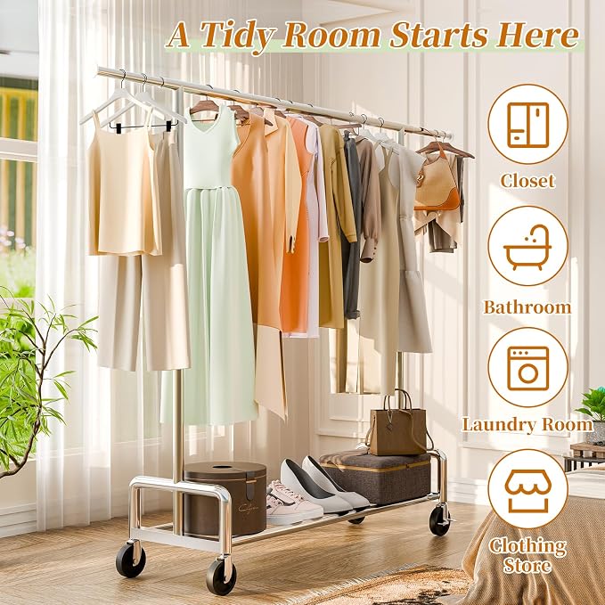 Simple Trending Heavy Duty Clothing Clothes Rack with Wheels for Hanging, Metal Rolling Garment Rack Organizer Load 500 LBS, Chrome | 500LBS Load, Metal Garment Rack, Industrial 360° Lockable Wheels, Bottom Shelf, Bedroom, Laundry Room