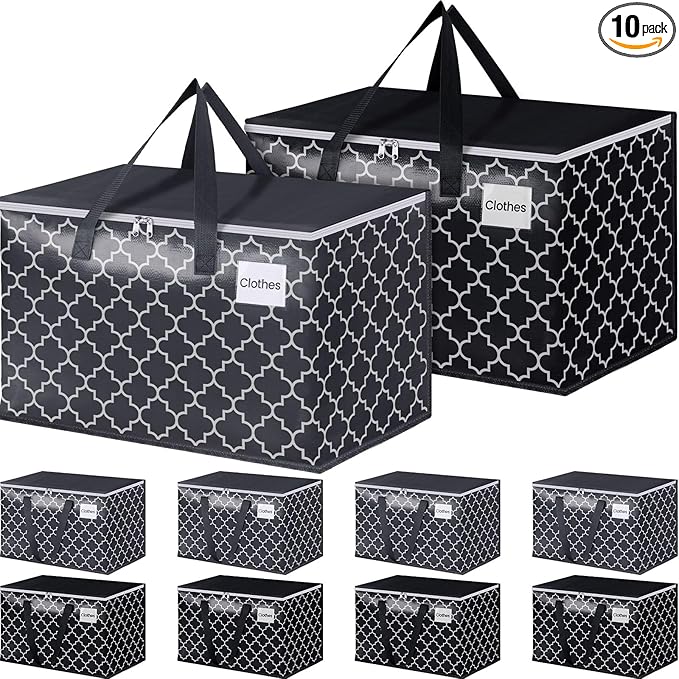 Extra Large Moving Bags, Heavy-Duty Storage Totes with Zipper Top and Sturdy Handles, Moving Supplies for Space Saving and Packing, Collapsible Storage Bags, Black & Gray, 125L, 10-Pack