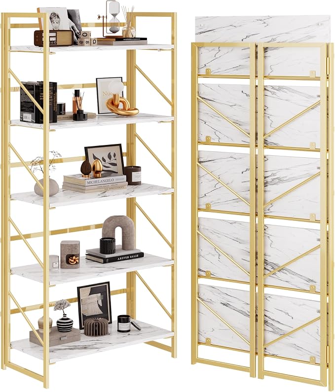 JSB 5 Tier No Assembly Folding Bookshelf, Foldable Storage Bookcase for Home Office, Space-Saving Storage Shelf for Living Room, Bedroom, Office (White&Gold)