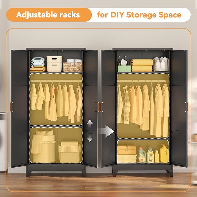 INTERGREAT 71” H Metal Wardrobe Cabinets with 2 Doors, Large Clothing Storage Cabinets with Hanging Rod and Adjustable Shelves, Closet for Home Living/Laundry Room/Department (Black)