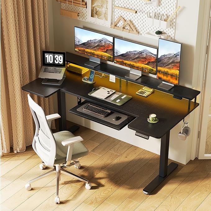 OffiGo 63 Inch U Shaped Electric Standing Desk with Keyboard Tray, Black | 3 Outlets & 2 USB Ports, Dual-Monitor Stand, 10 Colors & 10 LED Modes, 3 Presets, 28.3"-46.5"in Range, 154 lb Capacity