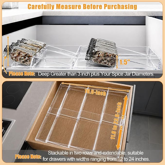 Spice Drawer Organizer,4 Tier Clear Acrylic Spice Rack for Drawer | Expandable 12" to 23", Seasoning Organizer Tray for Kitchen Drawer,Keep Spice Labels Visible and Easy to Grab,Organizer Only