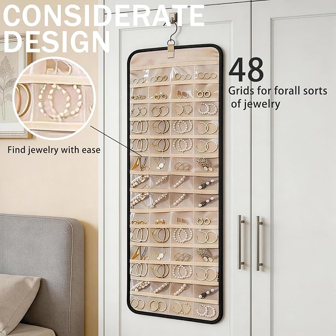 LAKSMI 2 PCS Large Hanging Jewelry Organizer for Closet, Wall or Door, 48 Pockets & 21 Hooks for Earrings, Necklaces and Rings