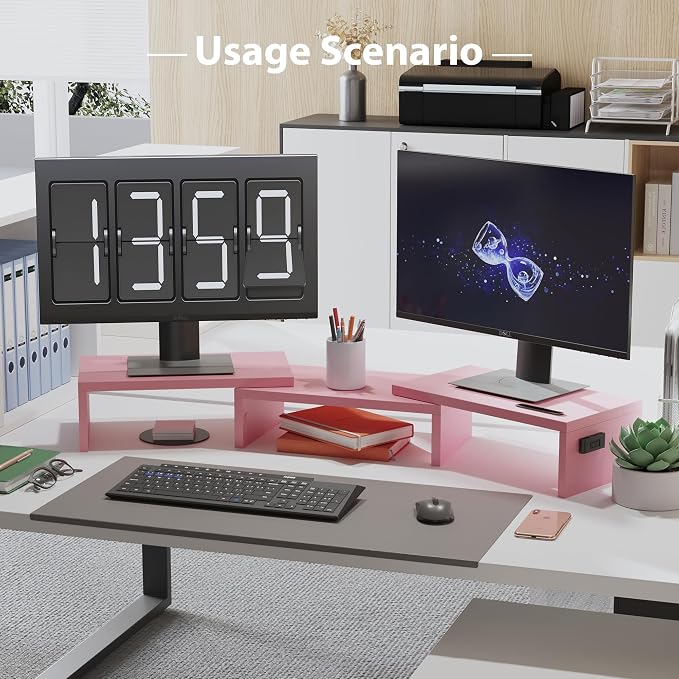 BONTEC Dual Monitor Stand Riser with Smartphone Holder, Adjustable Length & Swivel Angle, Ergonomic Wooden Desktop Organizer for PC Monitor, Laptop, Printer, Large Storage, 42.5 in, Pink
