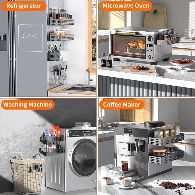 Magnetic Spice Rack for Refrigerator Set of 5 for Kitchen | Strong Magnetic Refrigerator Organizer 2 Tiers and Paper Towel Holder and Utensil Holder, Side Fridge Shelf for Storage
