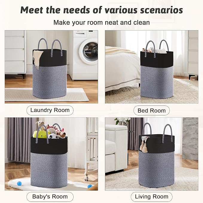 Laundry Basket,Woven Cotton Rope Laundry Hamper,Versatile Storage for Dirty Clothes,Baby Toys,and Blankets in Bathroom, Nursery,and Living Room (Black, 80L)