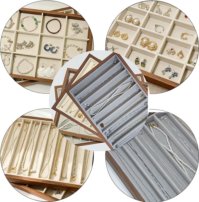Large Jewelry Trays for Drawers Stackable Velvet Jewelry Display for Vendors Jewelry Drawer Organizer Inserts for Rings Necklace Bracelets Earrings and Studs Earrings (Gray, 10 Grid)