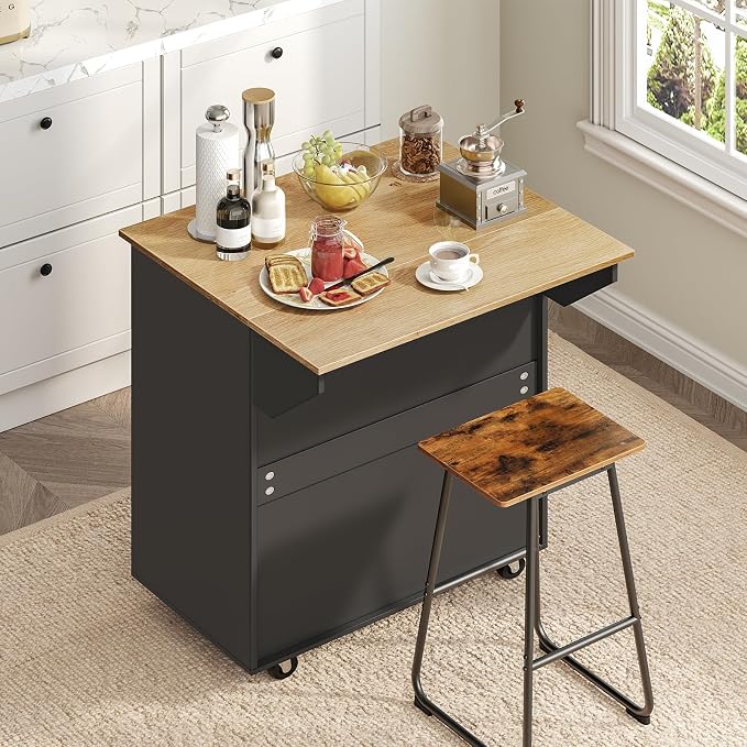 MAHANCRIS Kitchen Island on Wheels with Drop Leaf, Folding Countertop Kitchen Island Cart, Kitchen Islands Table with Towel Rack, Drawer, for Kitchen, Dining Room, Black and Natural KINB12501
