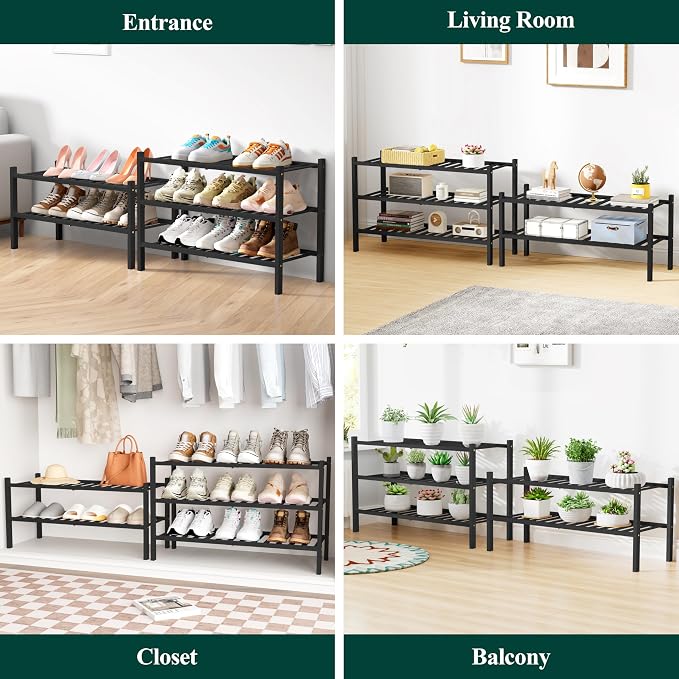 Smiry Bamboo Shoe Rack for Closet, 2 Tier Wooden Shoe Organizer, Stackable Wood Shoe Storage Shelf for Entryway, 14 Vertical Slats, One-piece Heavy-Duty Legs, 26.77"x11.02"x12.99", Black
