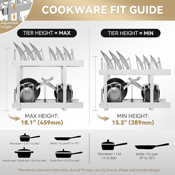 2-Tier Pots and Pans Organizer Under Cabinet Kitchen 15" W *22" D | Pull out Cabinet Organizer for Pots, Pans, and Lid Cookware, Adjustable Heavy Duty Wire Pan and Pot Rack, Full-Extension Rail