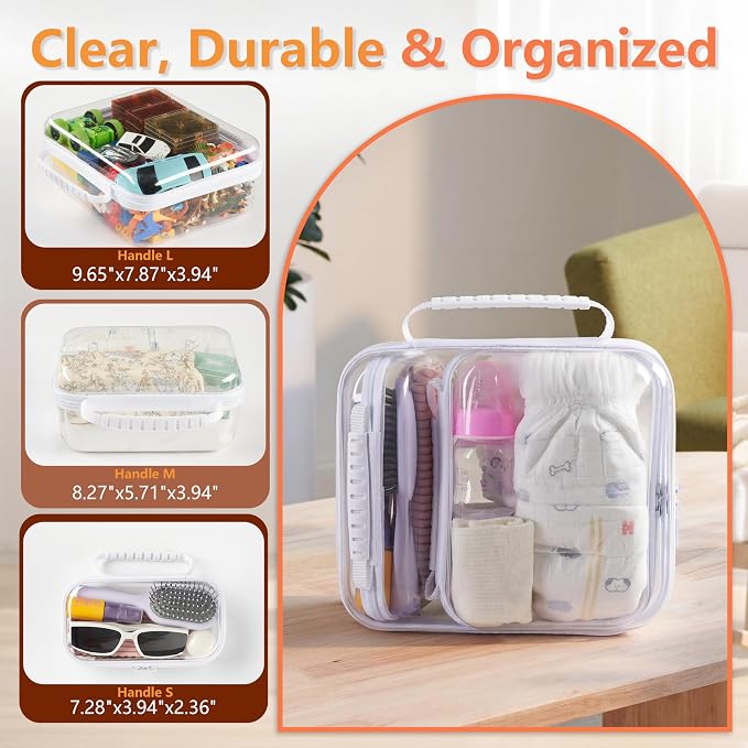 3PCS Travel Essentials for Toiletries with Handles, 1.2MM Thick Clear Hard Shell Zipper Case, Durable Makeup Bag for Cosmetics, Puzzles and Snacks, Clear Travel Bag for Diaper Bag Organizer