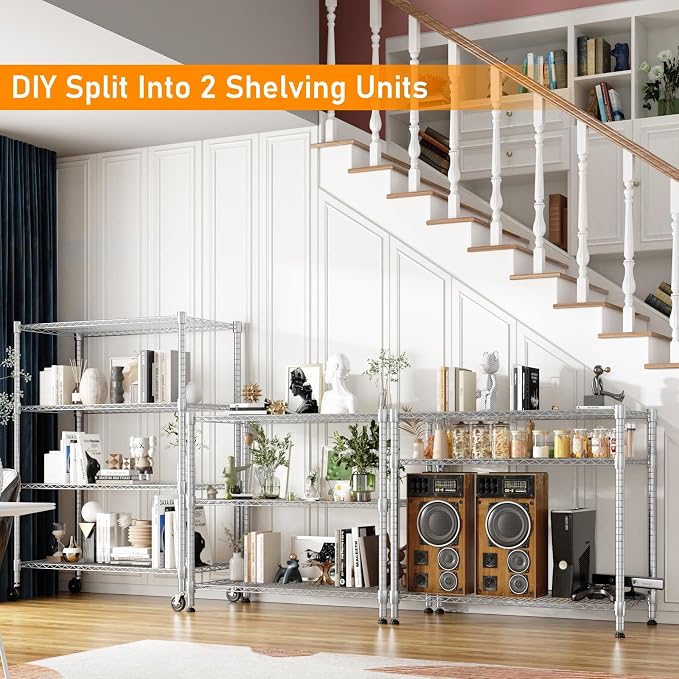 Himimi 4-Tier Heavy Duty Steel Wire Rack Storage Shelving, Adjustable Metal Storage Shelves with Wheels, 72''H Wire Shelf for Kitchen Garage Basement Pantry Organization, 18" D×36" W×72" H-Silver