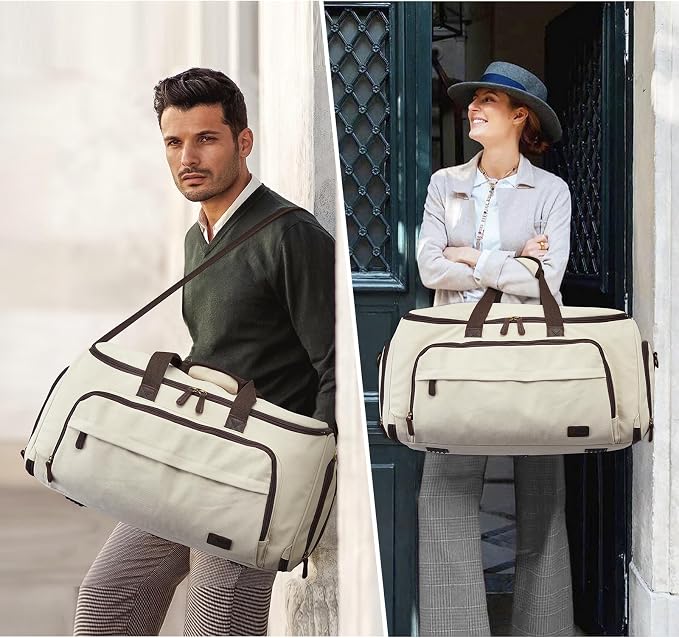S-ZONE Garment Bag for Travel Convertible Duffle Bag Suit Bag for Men Women | 2-in-1 Hanging Suitcase, with Toiletry Bag, Wet/Dry Pockets, Shoe Compartment, Trolley Sleeve, Carry-on size, Beige