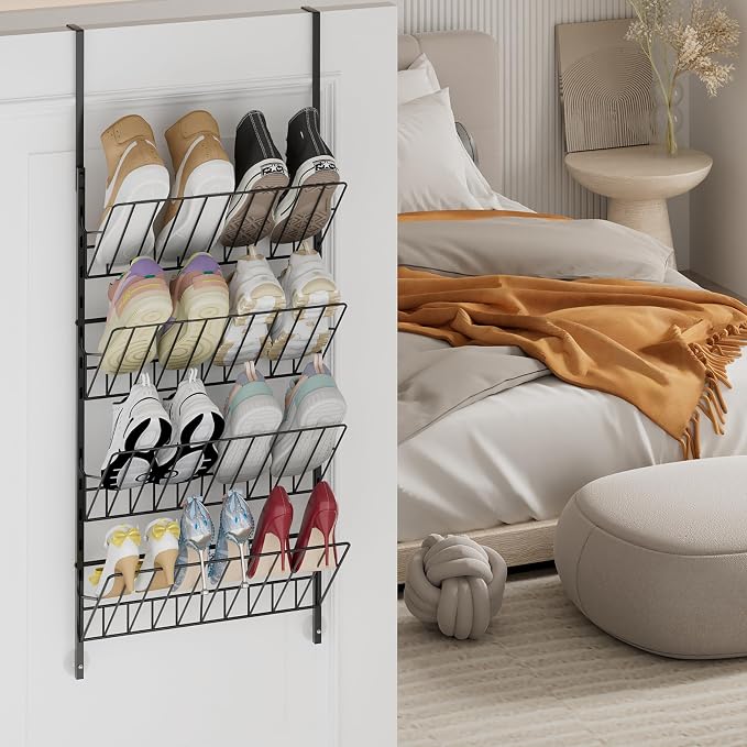 SWTYMIKI Over the Door Shoe Organizer - Adjustable 4 Tier Hanging Shoe Rack Organizer, Metal Heavy Duty Behind Door Storage or Wall Mount Shoes Shelf for Flats, Heels, Sneakers, Boots Black