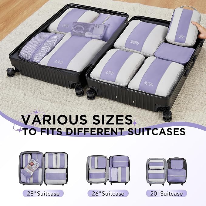 OlarHike 10 Set Compression Packing Cubes for Travel Essentials,Compressible Expandable Space Saver Bags for Organizing Clothes,Luggage Suitcase Garment Bags with Over 1000 pcs Mesh Holes(Purple Gray)