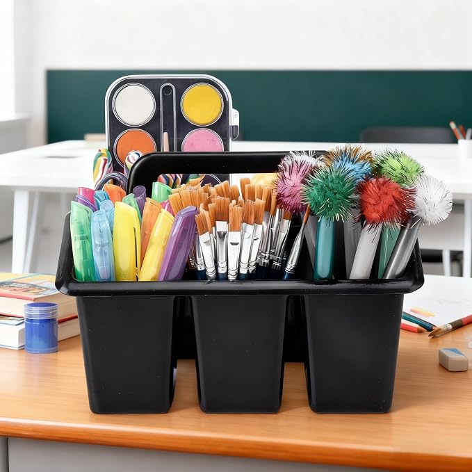 Plastic Caddy With Handle,Protable Classroom Craft Caddy, 6-pack Storage Caddy For Pencil,Pen,Craft Tools (Black)