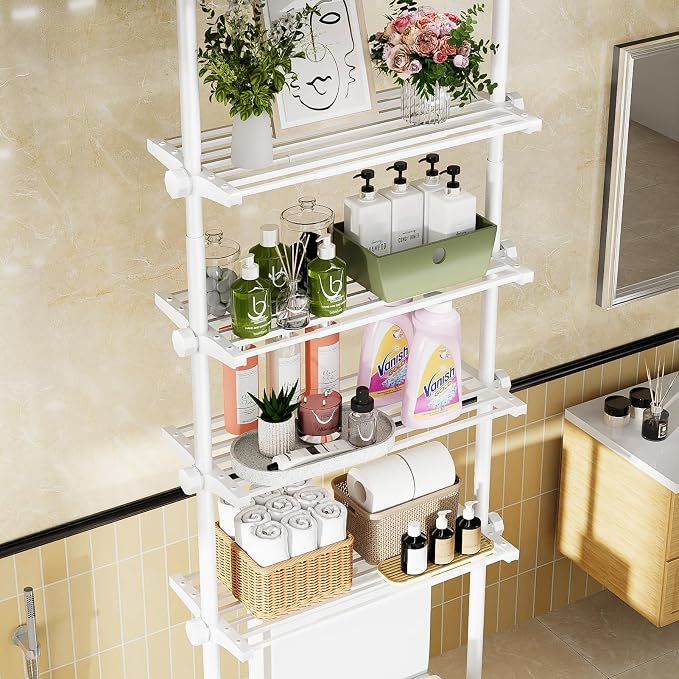 Bonpally Over The Toilet Storage Shelf, 4-Tier Adjustable Bathroom Organizer, No Drill Tension Mounted Shelves Metal, Space-Saving Bathroom Cabinet Rack Above Toilet for Small Bathroom Rooms, White