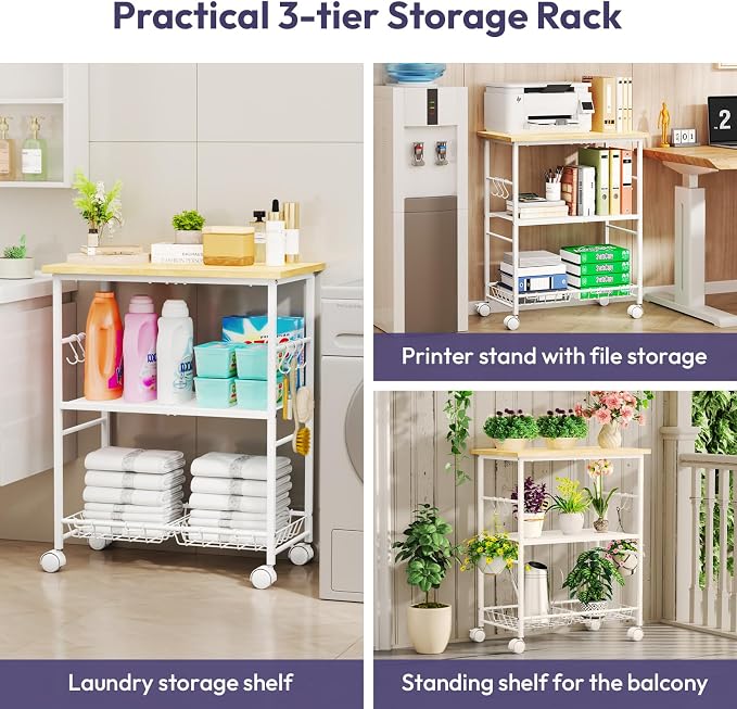 SWTYMIKI Rolling Kitchen Microwave Cart - 3 Tier Microwave Table Stand with Storage Basket and Hooks, Kitchen Utility Cart on Wheels, Coffee Cart Shelf Rack Organizer for Living Room Office, Balcony