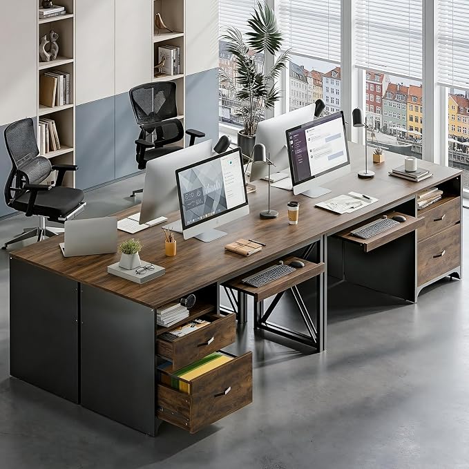 Bestier Office Desk with Drawers, 55 inch Industrial Computer Desk with Storage, Wood Teacher Desk with Keyboard Tray & File Drawer for Home Office, Rustic Brown