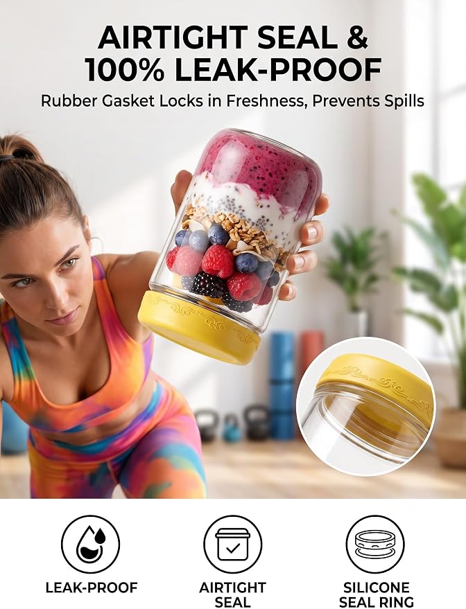 16oz 12-Pack Glass Overnight Oats Jars Containers with Airtight Leakproof Lids, Reusable Mason Jars for Meal Prep, Yogurt Parfaits, Smoothies, Salads & Healthy Breakfasts (D-16oz 12-Pack)