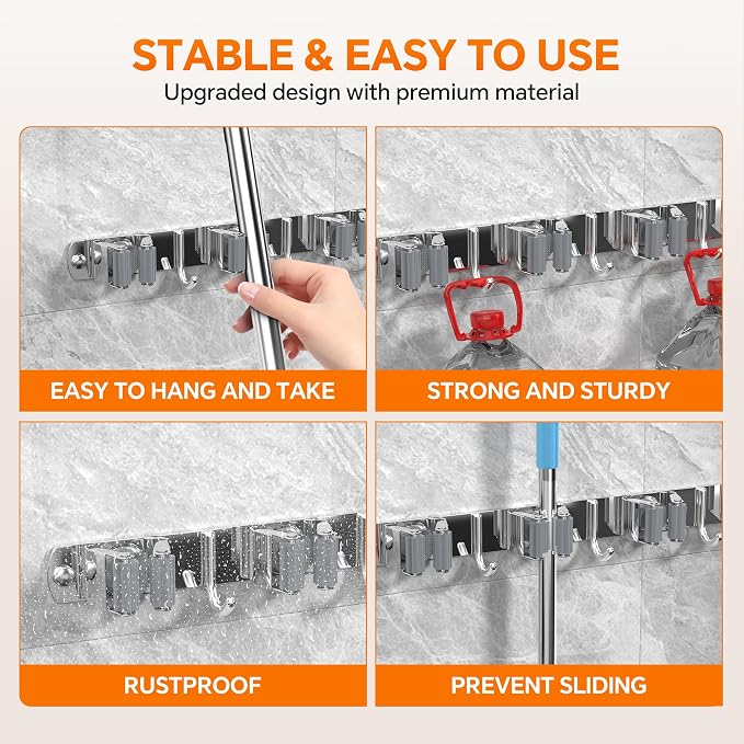 5 Grippers Broom Holder Wall Mount with 4 Hooks Stainless Steel Mop and Broom Organizer Self Adhesive or Screw Fixing for Garden Tool Rack Closet Laundry Room Kitchen Garage Storage Utility Hook