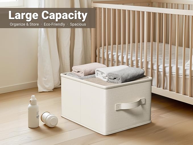 LayerSpace 3 Pack Fabric Storage Bins for Shelves | 16.25x12x10in Closet | Collapsible Bins for Organization | Linen Clothes Storage Bins | White & Ivory