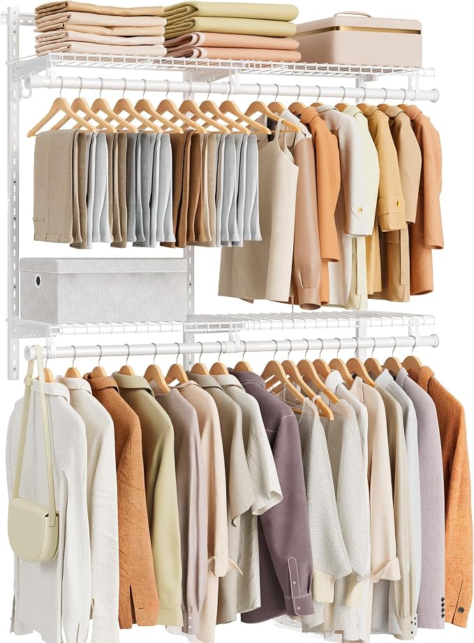 SONGMICS HOME Closet System, Closet Insert Organizer, 2-4 ft, Adjustable Metal Shelving Unit with 4 Hanging Rods, 4 Shelves, and Hooks, for Pantry Mudroom Garage Basement, Cloud White URGR031W01