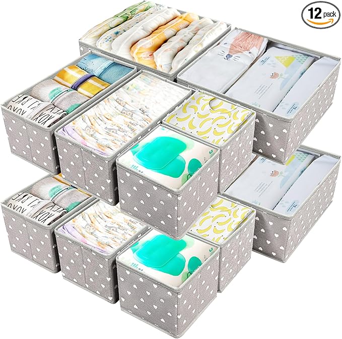 Fabric Drawer Organizer Bins for Nursery – 12 Pack Clothe Drawer Dividers for Baby Dresser, Grey Heart Pattern Storage Boxes for Clothes, Diapers & Accessories