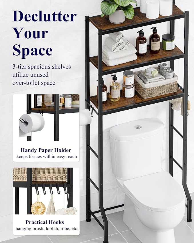 Kitsure Over The Toilet Storage Rack, 3-Tier Metal Frame | Small Bathroom, Space Saving Storage, Heavy Duty Metal Frame, Easy Assembly, Brown & Black, 61"H