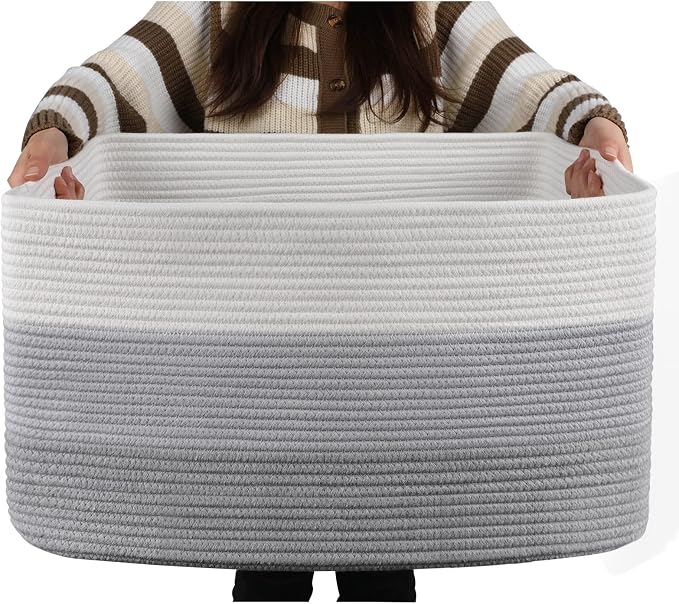 OIAHOMY Large Blanket Basket, 22”x17”x12” Laundry Baskets, Nursery Blanket Storage Living Room, Toy Storage With Handle, Rectangle Woven Baskets-Gradient Grey