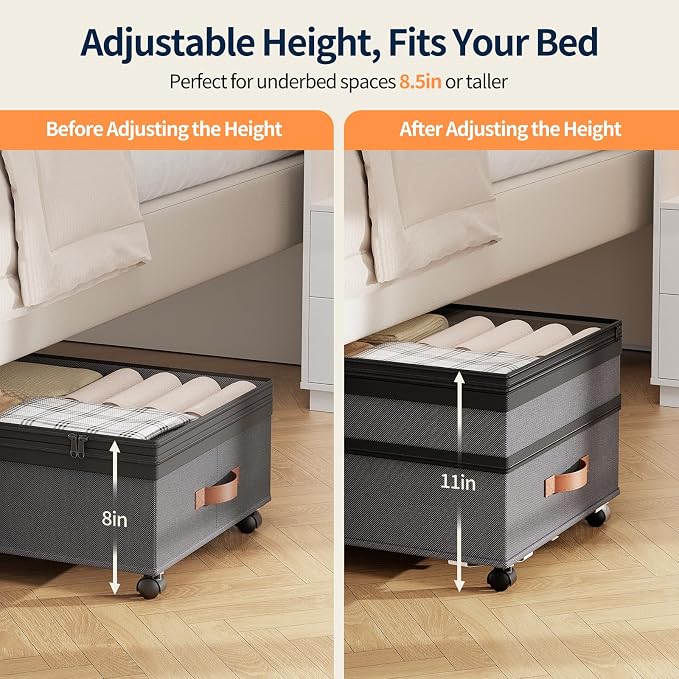 Yecaye 90L Under Bed Storage with Wheels, 8 in-11 in Height Adjustable Under Bed Storage Containers, Under Bed Shoe Storage with Lids & Label, Rolling Underbed Storage bins for Clothes, Toys, Grey