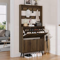 Smuxee Shoe Cabinet with 2 Flip Drawers & Coat Rack Hooks, 31.5" Walnut Hidden Shoe Storage Cabinet, 2-in-1 Hall Tree Slim Freestanding Shoe Rack Organizer for Entryway, Hallway, Living Room