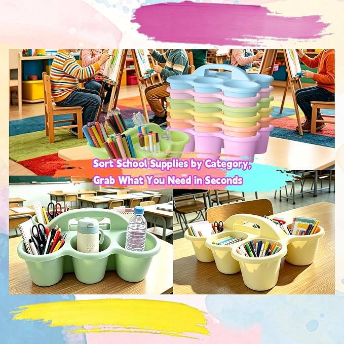6 Pack Classroom Caddy Organizer with Handle Pastel Plastic Table Caddy 6 Compartments Storage Cup Holder for School Supplies Art Crafts Crayons Pencils Stackable Desk Caddy for Office Home