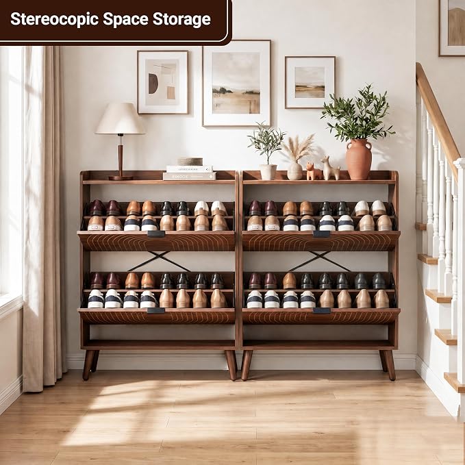 Arch-Chic Shoe Cabinet for Entryway with 2 Flip Drawers, Freestanding Shoe Storage Cabinet for Entryway, Narrow Wood Shoe Organizer for Foyer, Front Door, Hallway