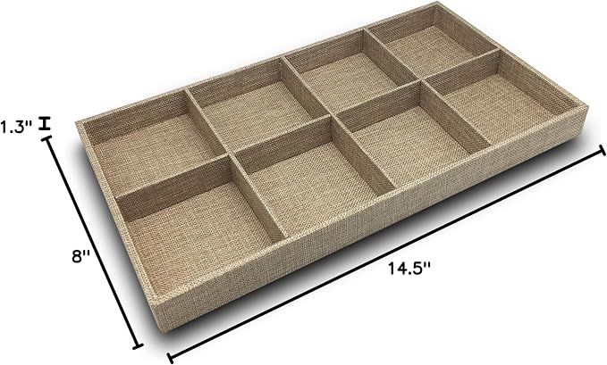 The Display Guys - Stackable Jewelry Tray and Organizer - for Drawers, Dressers, Store Display (8 Compartments, Beige Burlap)